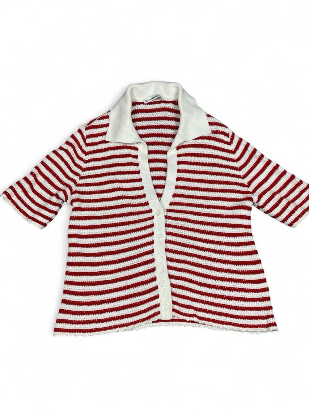 Abercrombie & Fitch Striped Red & White Knit Polo Cardigan Sweater